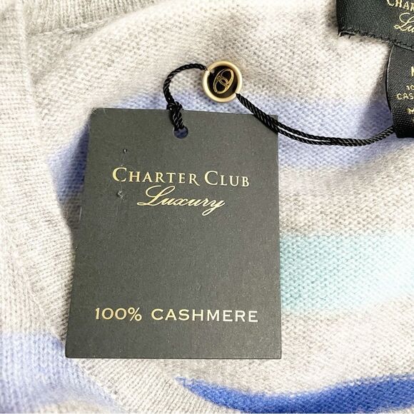 NWT Charter Club 100% Cashmere Sweater Blue & Gray Striped Pullover Size Medium - Picture 10 of 15